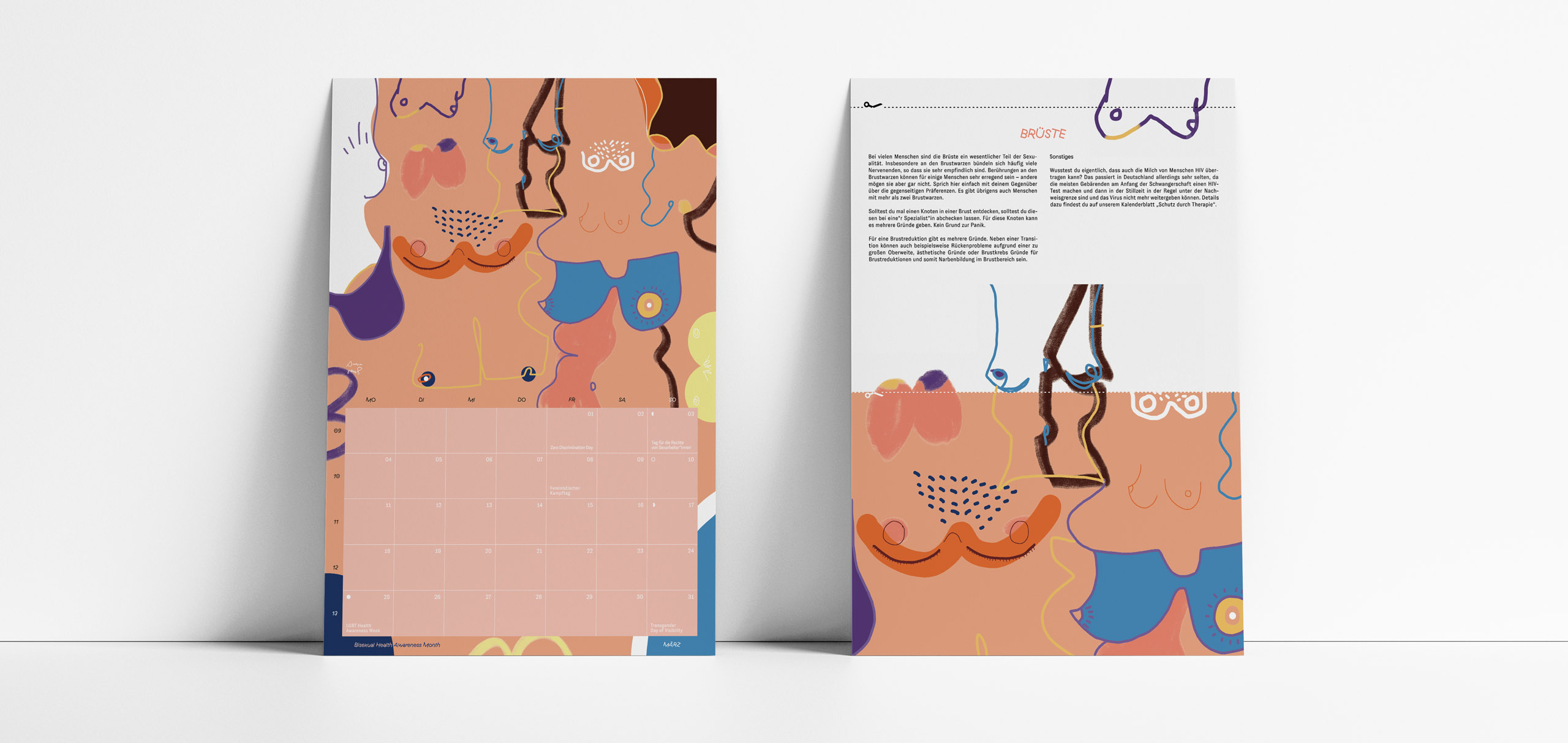 This project shows the calendar campaign 'Gential? Yeah' commissioned by Aidshilfe Niedersachsen / Landesverband sexuelle Gesundheit e.V. & s*ven – sexuelle Vielfalt erregt Niedersachsen, conceptualised, designed & executed by Darwin Stapel | Studio for Multidisciplinary Arts & Creative Productions and onelineillustration