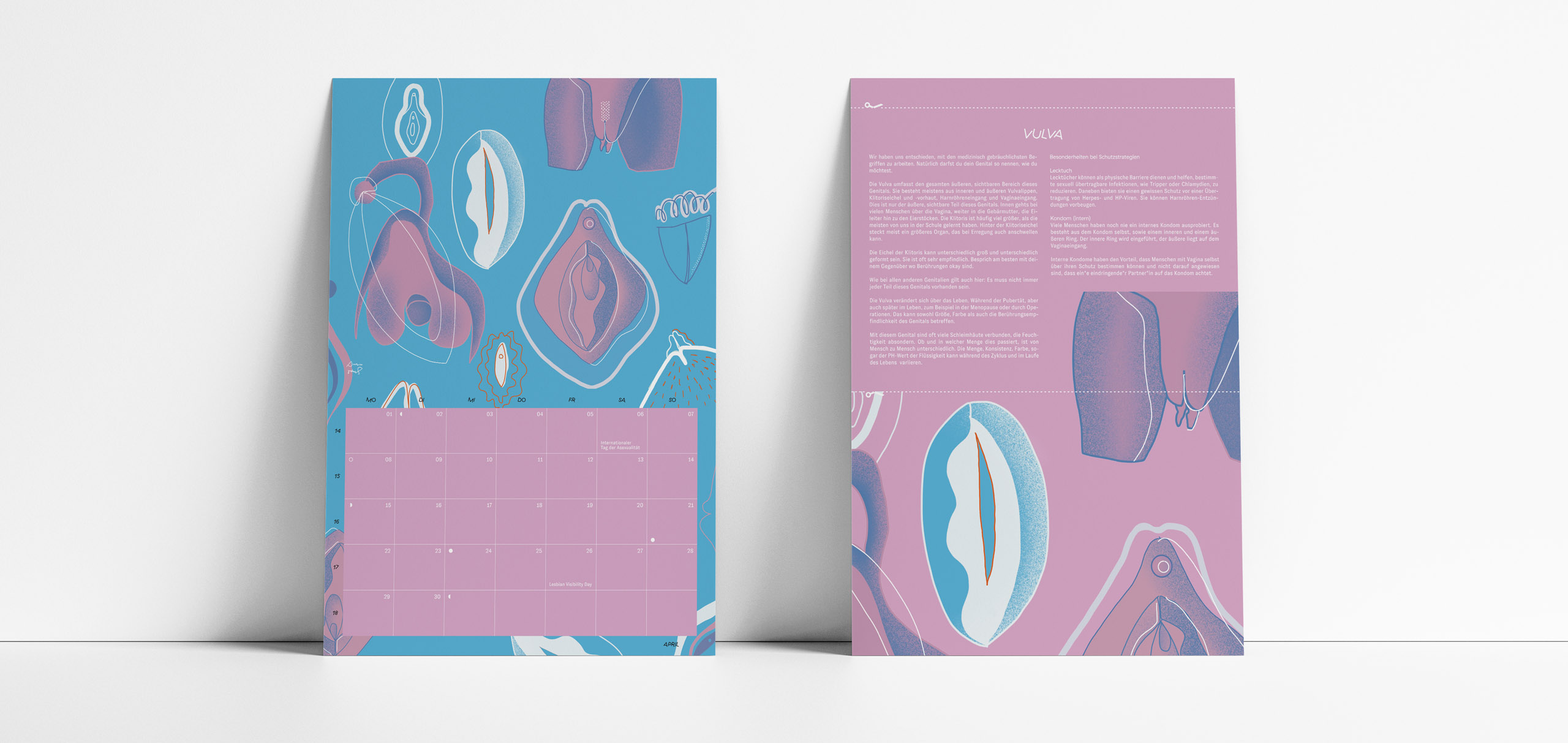 This project shows the calendar campaign 'Gential? Yeah' commissioned by Aidshilfe Niedersachsen / Landesverband sexuelle Gesundheit e.V. & s*ven – sexuelle Vielfalt erregt Niedersachsen, conceptualised, designed & executed by Darwin Stapel | Studio for Multidisciplinary Arts & Creative Productions and onelineillustration