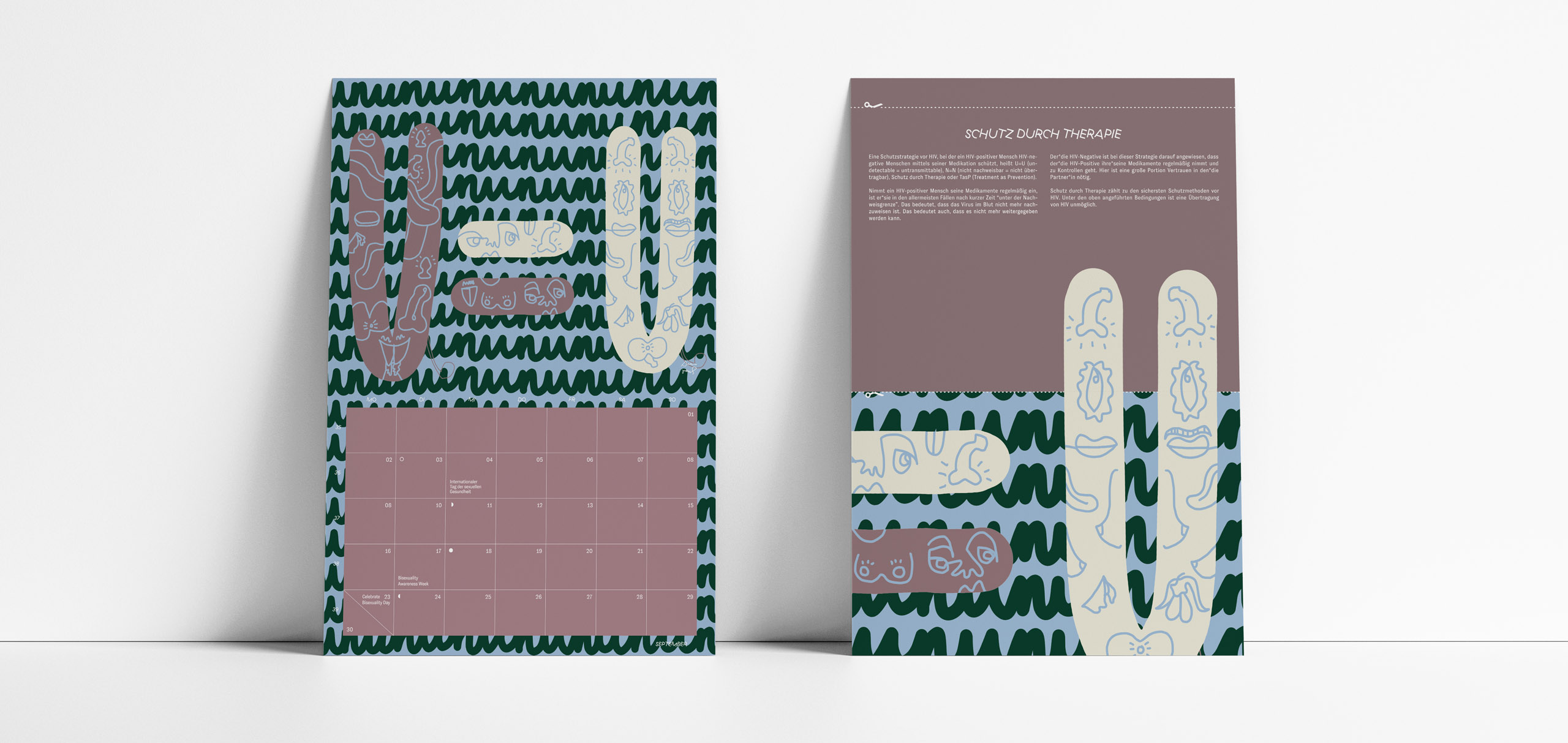 This project shows the calendar campaign 'Gential? Yeah' commissioned by Aidshilfe Niedersachsen / Landesverband sexuelle Gesundheit e.V. & s*ven – sexuelle Vielfalt erregt Niedersachsen, conceptualised, designed & executed by Darwin Stapel | Studio for Multidisciplinary Arts & Creative Productions and onelineillustration